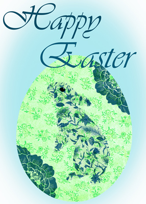 Easter egg decorated with a green floral background and a blue bunny. The words, Happy Easter.