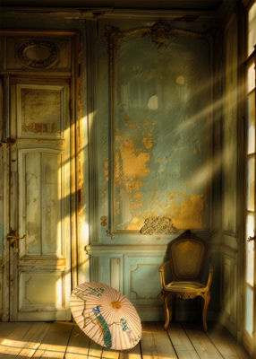 A pastel green oriental parasol lies abandoned in an elegant green room.