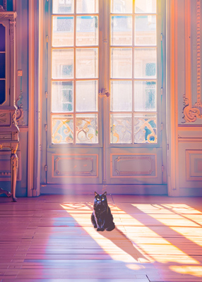 Cat sitting in patch of sun streaming through elegant french doors
