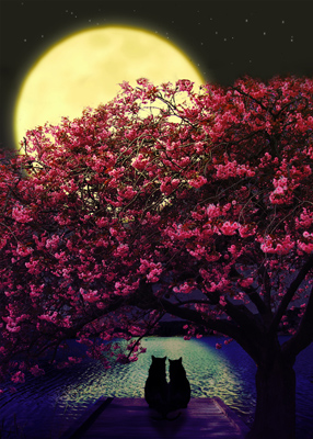 Two cats, leaning into each other beneath a cherry tree, gazing at the moon.
