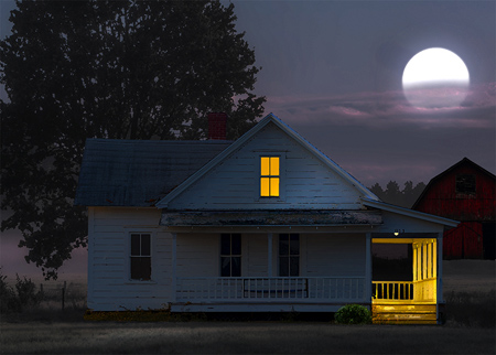 White farmhouse under a full moon. The porch light is on, and one window is lit.