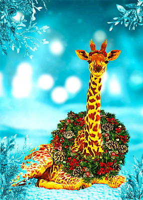 Giraffe wearing a Christmas wreath.