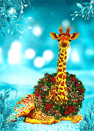  Giraffe wearing a Christmas wreath.