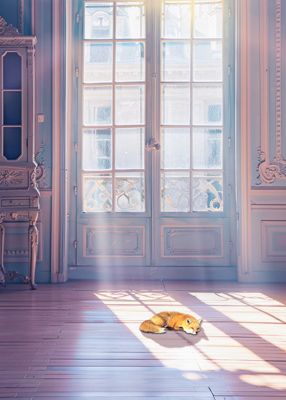 Fox sleeping in patch of sun streaming in through elegant french doors.