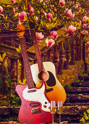 Two guitars and two glasses of champagne sitting on steps beneath magnolia tree.