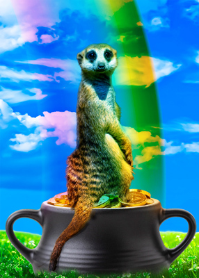 Meerkat standing on pot of gold, bathed in a rainbow.