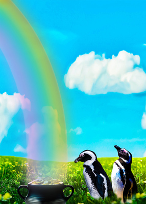 Two penguins by a pot of gold at the end of a rainbow. One penguin is staring at the gold. The other is staring at the rainbow.