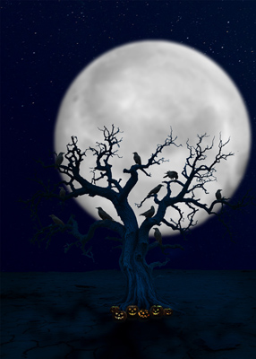 Gnarly tree full of crows and surrounded by jack-o-lanterns.