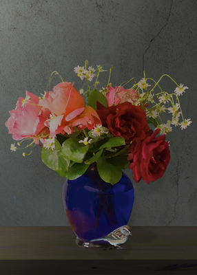 Small bird sits next to a blue vase filled with Roses and chamomile.