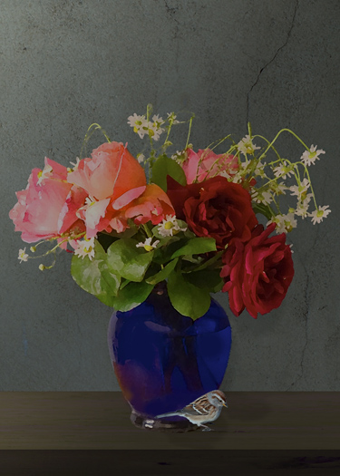  Small bird sits next to a blue vase filled with Roses and chamomile.