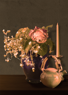 Faded roses and chamomile in a blue vase, a green teapot and a candle in a silver candle-holder.