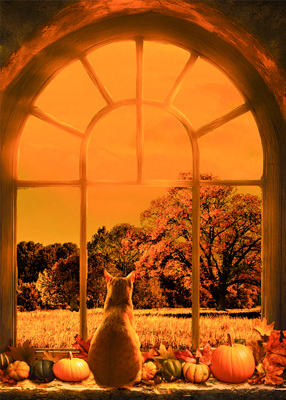 Orange cat sitting among pumpkins on a window looking out upon an autumn landscape.
