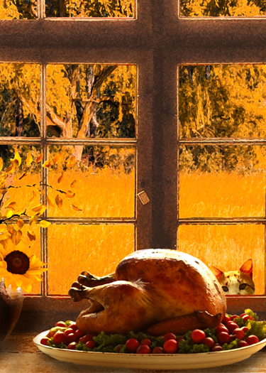  Tabby cat peeking in the window at a Thanksgiving feast.